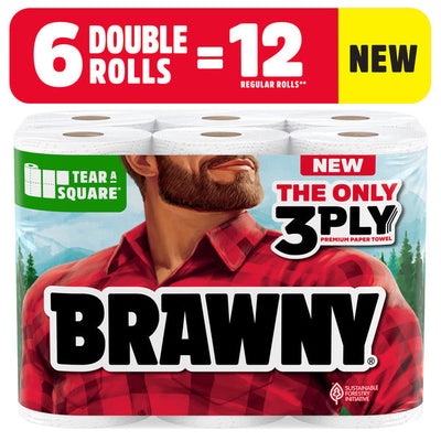 Essuie-tout BRAWNY Tear-A-Square 3 couches, 6 rouleaux doubles