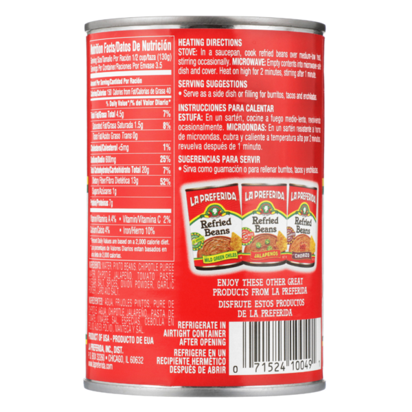 La Preferida Refried Beans with Spicy Chipotle
