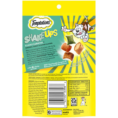 TEMPTATIONS Shakeups Golosinas Crujientes y Suaves para Gatos - Sabor Carnaval Clucky