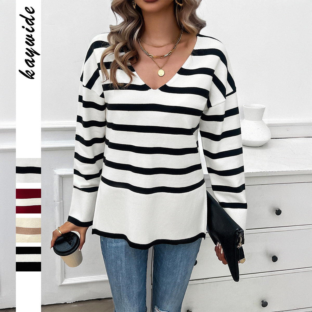 Leisure vacation style contrasting striped long sleeved sweater - Korvel