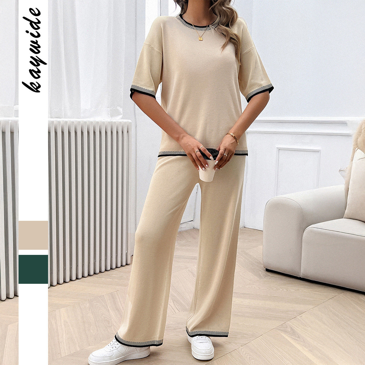 Leisure vacation style simple short sleeved women's straight pants set - Korvel