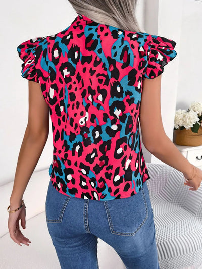 Leopard Tie Neck Cap Sleeve Blouse - Korvel