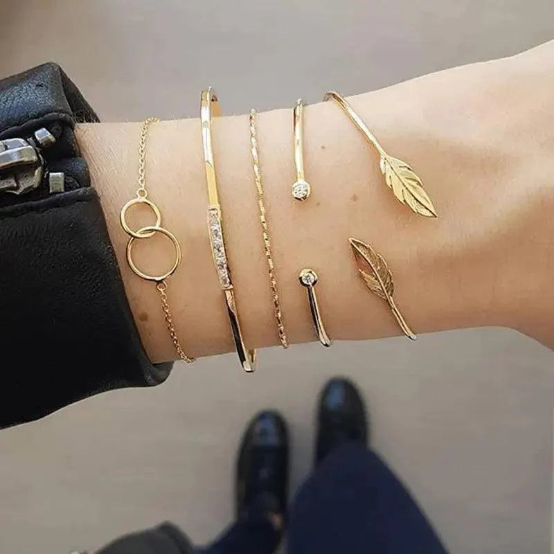 Luxury Modern Bohemian Gold Color Moon Leaf Crystal Opal Bracelet Set
