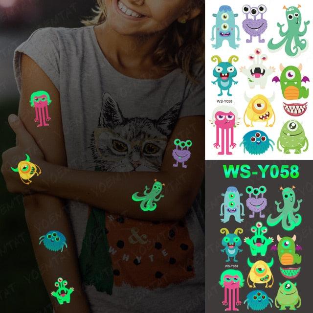 Glow-in-the-Dark Temporary Tattoo Stickers for Kids - Unicorns, Dinosaurs & More - Korvel