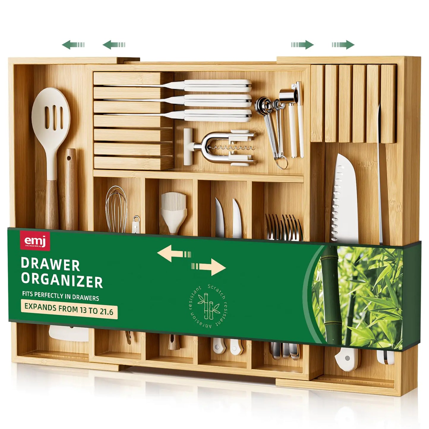 Emojoy Expandable Bamboo Cutlery Storage Organizer with Knife Holder