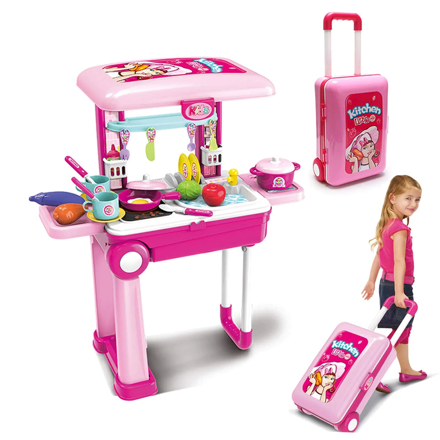 2-in-1 Travel Luggage Play Kitchen Set with 25+ Play Food