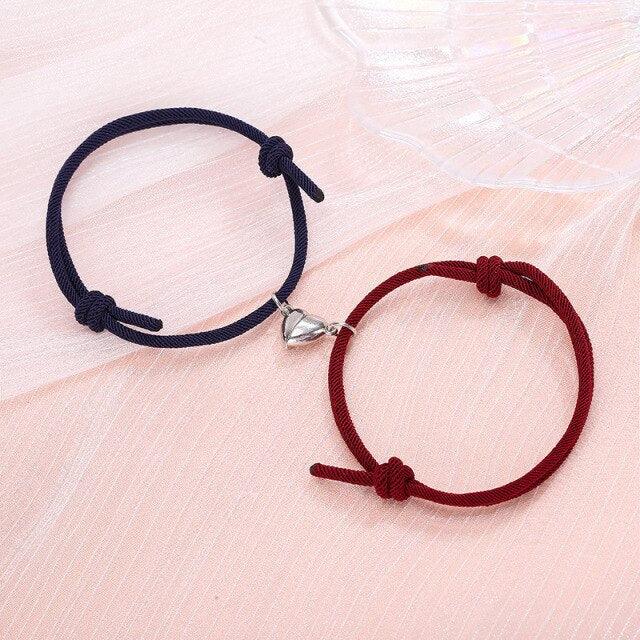 Magnetic Couple Bracelets - Adjustable Silver Alloy & Red Rope