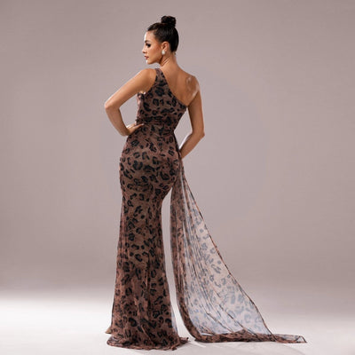 Vestido de Noche de Lentejuelas de Leopardo con Un Hombro