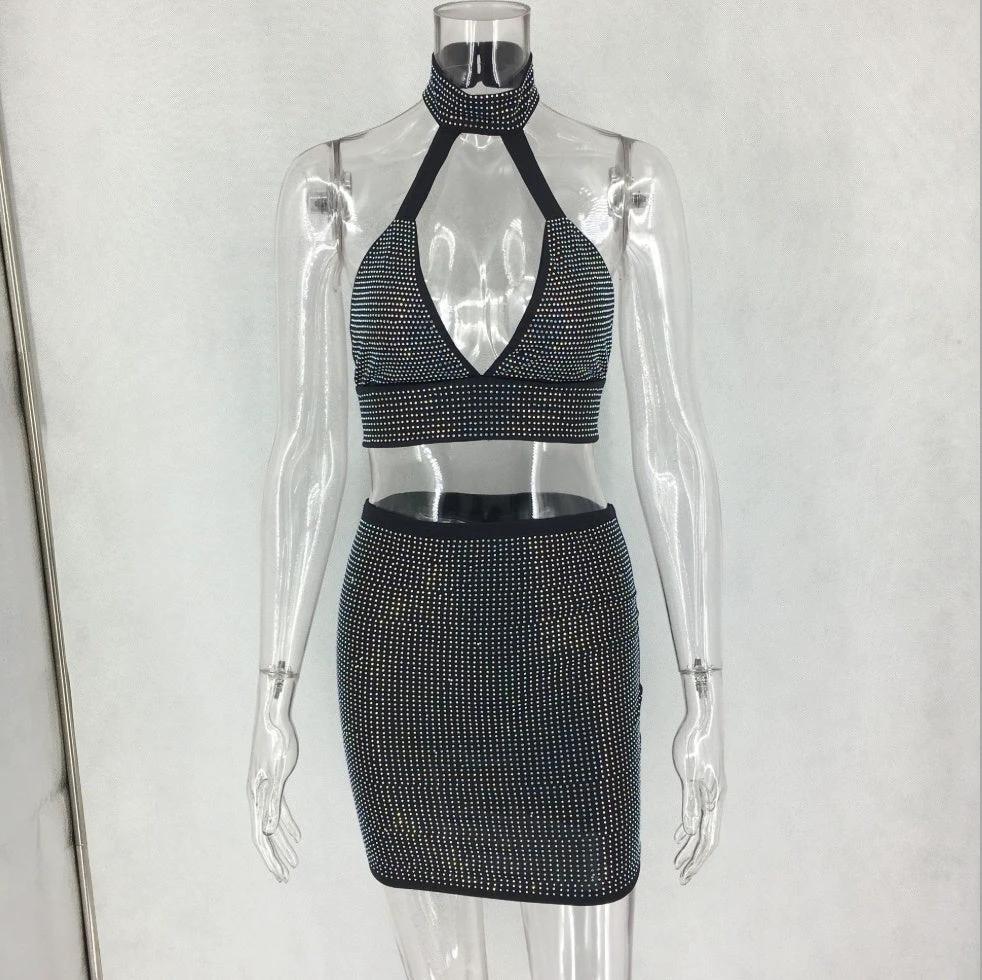 Conjunto de vestido de dos piezas con diamantes para mujeres
