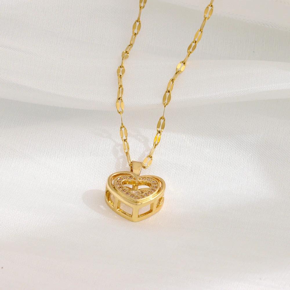 Double-Layer Love Necklace - Rhinestone Titanium Steel Pendant