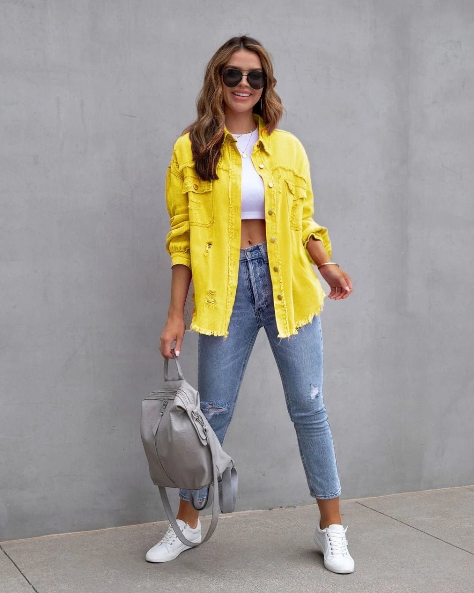 Chaqueta de Camisa Rota de Moda para Mujeres - Top Casual de Otoño y Primavera