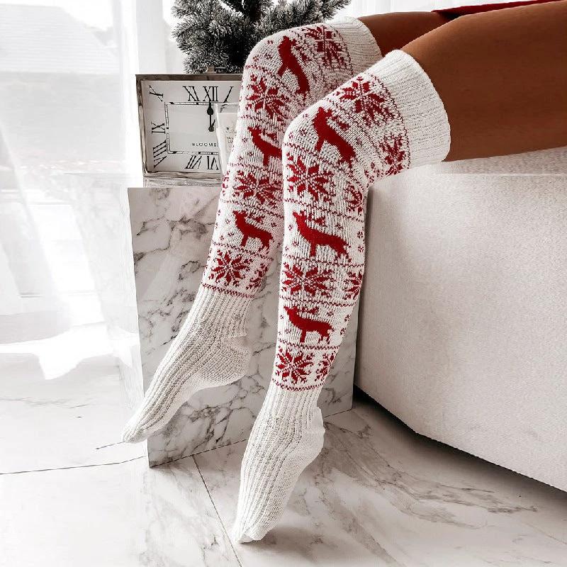 Chaussettes de Noël MANDOTOS avec Élan et Flocon de Neige au-dessus du Genou pour Femmes