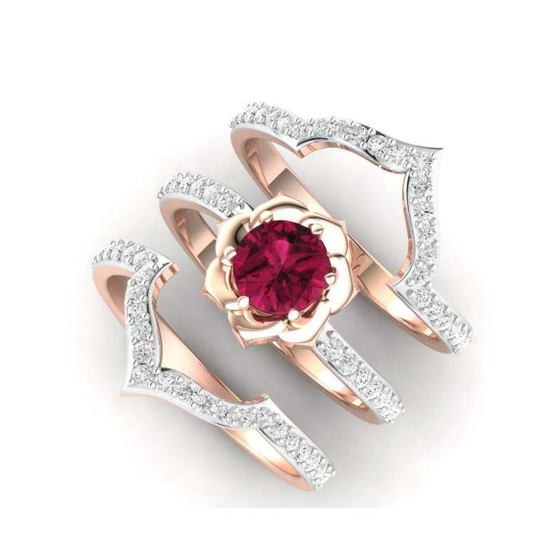 Rose Gold Flower Ring - Elegant Engagement and Wedding Band Set