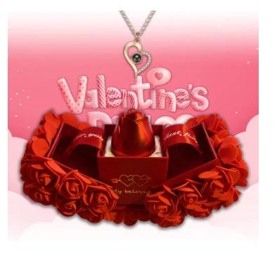 Valentine's Day Crystal Pendant Necklace Set in Soap Rose Gift Box