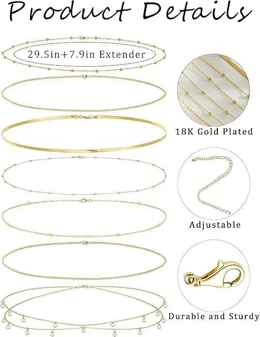 Ensemble de chaînes de taille ajustables en plaqué or 18 carats de 8 pièces
