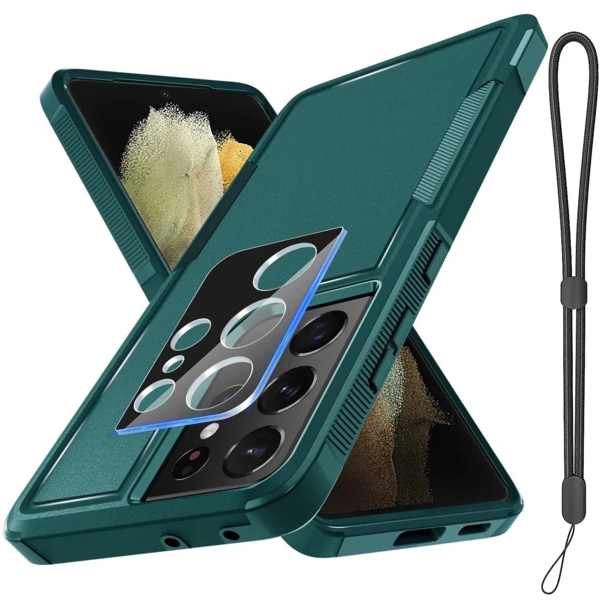 Coque intégrale robuste pour Samsung Galaxy S21 Ultra avec verre et lanière