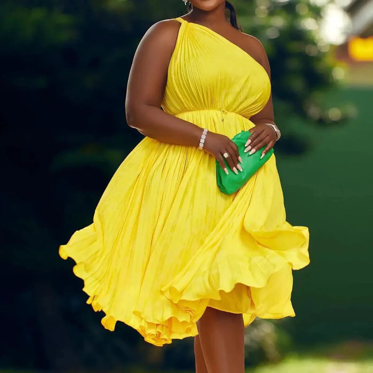 Luxe Couture Ruffle Midi Dress with Flowing Pleats