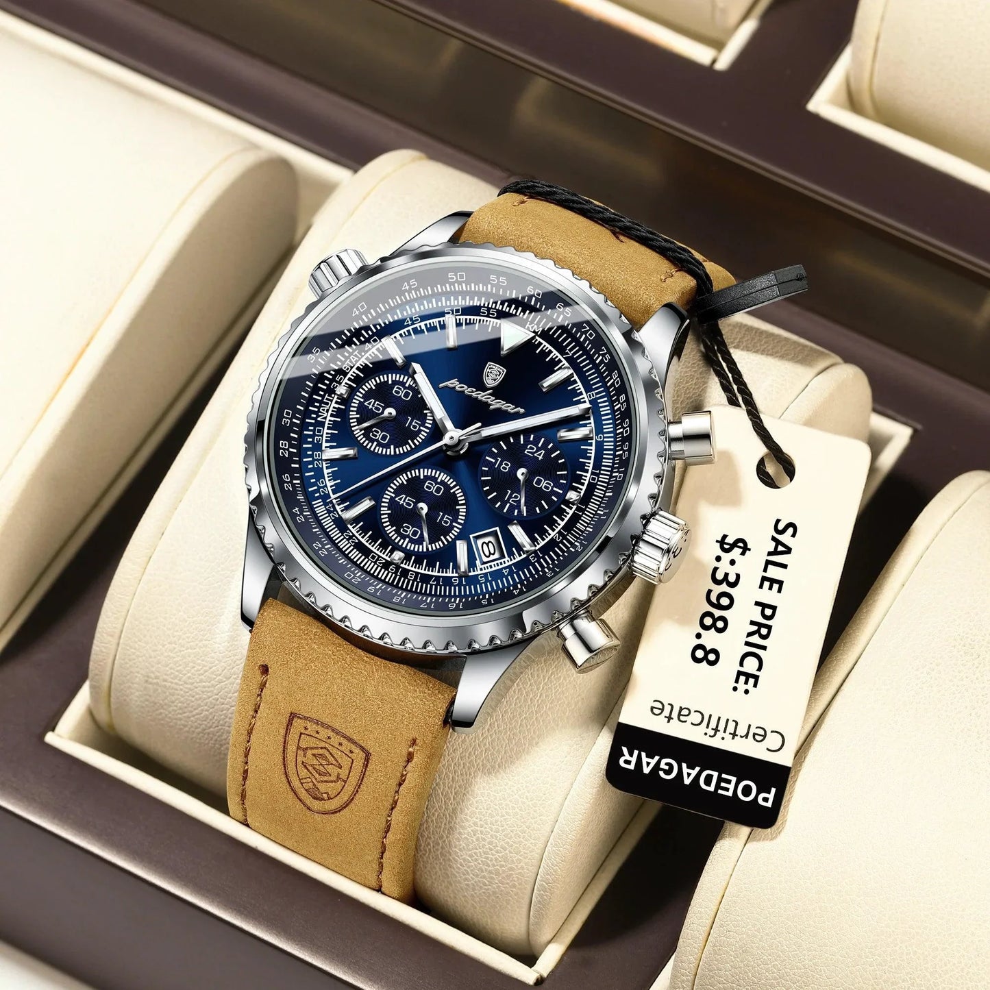 POEDAGAR Men's Luxury Quartz Chronograph Watch - Waterproof Leather