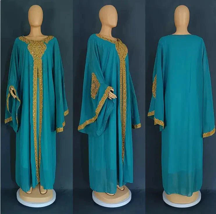 Elegant Two-Piece Gold Embroidered Kaftan Abaya Set