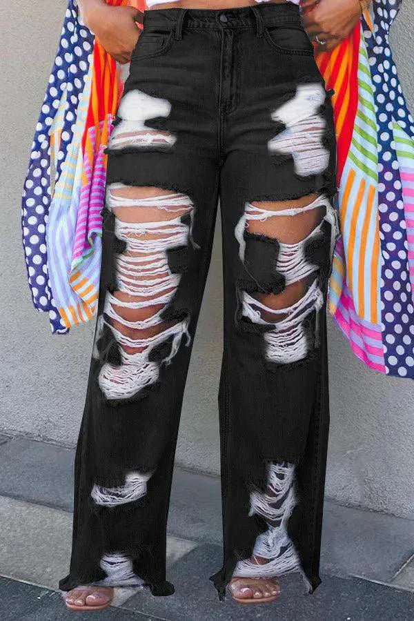 Burnt Flower High Waist Jeans - Trendy Women's Casual Denim Trousers
