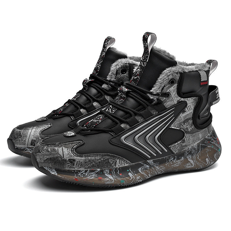 Men's trendy luminous running shoes student graffiti high-top shoes plus velvet warm sports shoes - Korvel