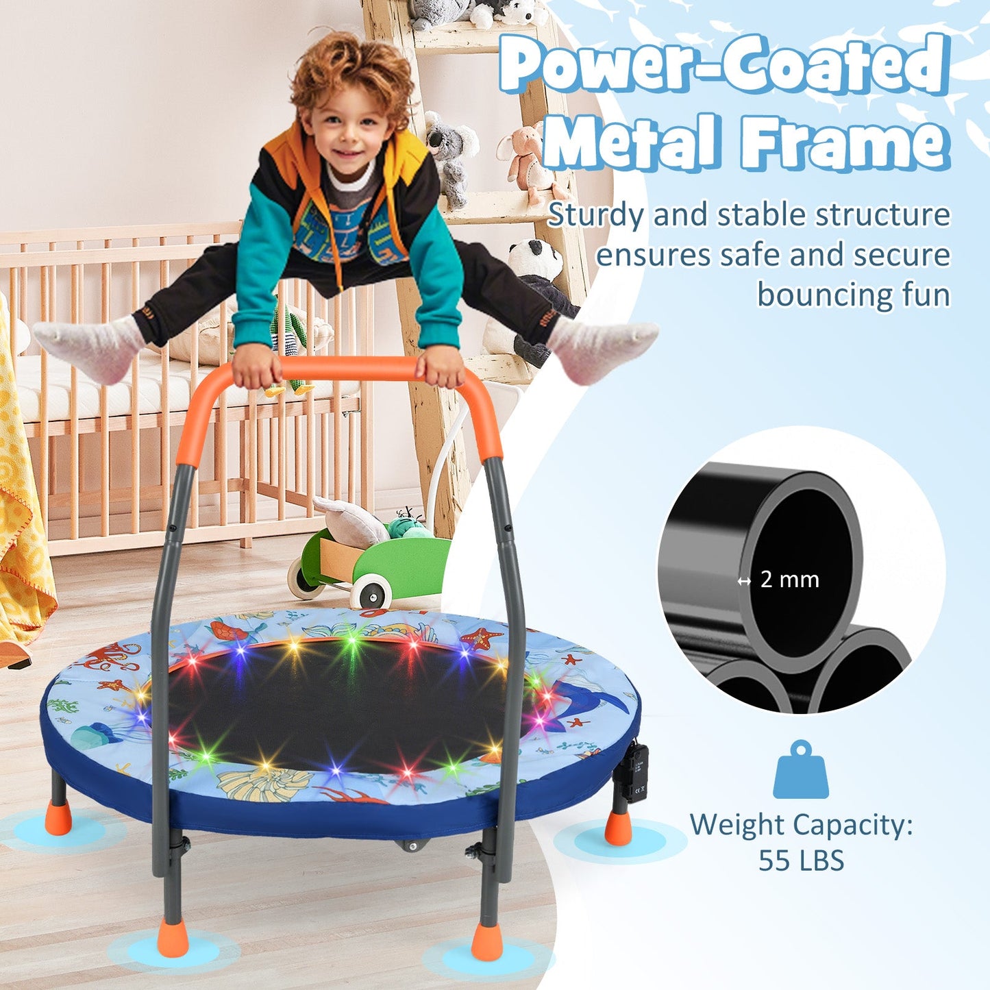 Mini Trampolín Plegable Pequeño Rebounder para Niños con Luces - Azul
