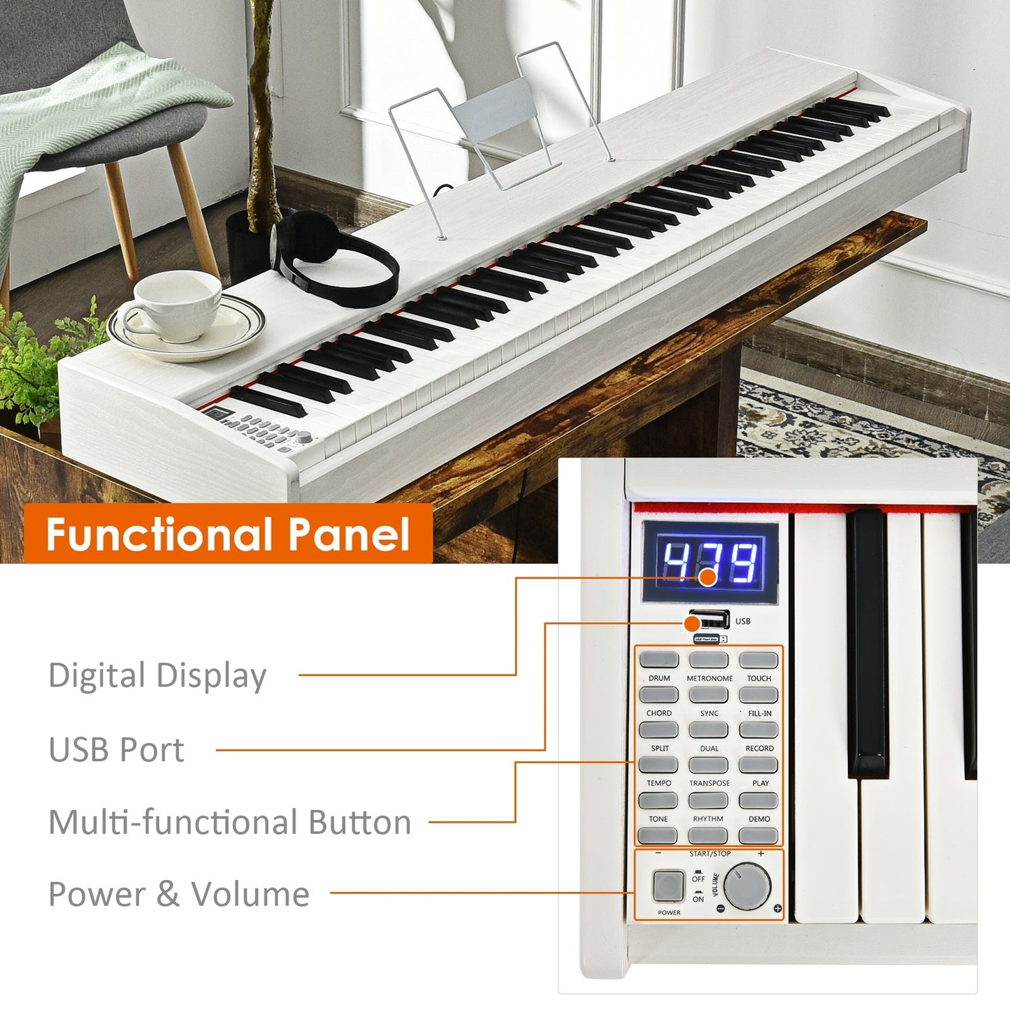 Piano Digital de 88 Teclas de Tamaño Completo con Teclado Pesado - Blanco