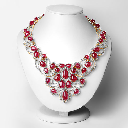 Elegant 160.14 Carat Ruby & Diamond Necklace in Sterling Silver