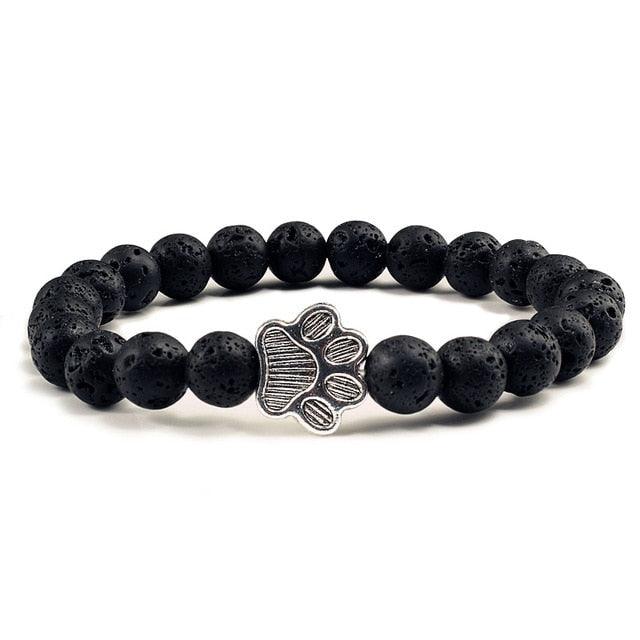 Natural Matte Black Lava Stone Paw Print Charm Bracelet