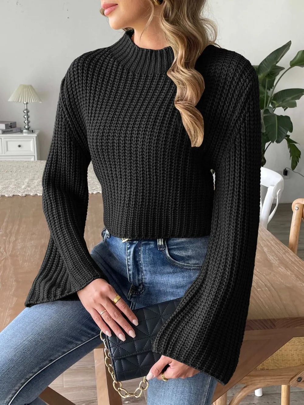 New autumn and winter flared sleeve semi high neck pullover sweater - Korvel