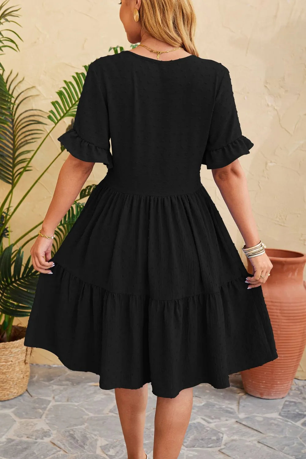 New V-neck jacquard waist cinched five quarter sleeve pleated dress - Korvel