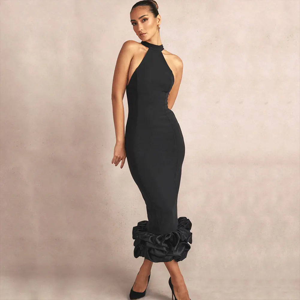 Robe de soirée élégante sans manches avec jupe cascade