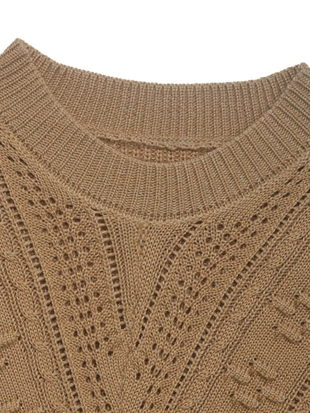 Openwork Round Neck Long Sleeve Sweater - Korvel