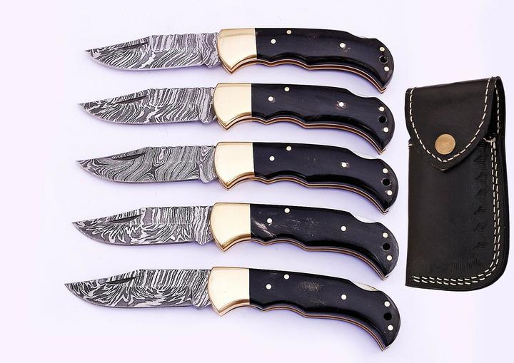 Set of 5 Exquisite Handmade Damascus Steel Folding Knives - Korvel