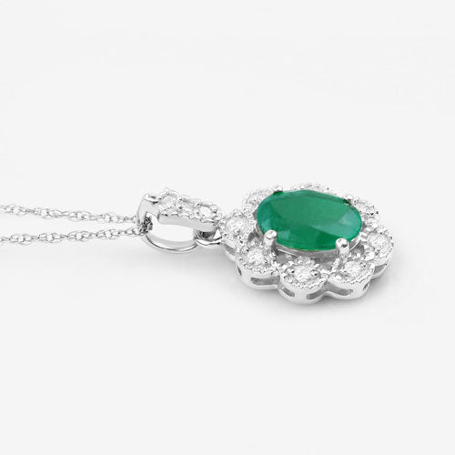 Pendentif en émeraude zambienne véritable de 0,79 carat et diamants blancs en or blanc 10K