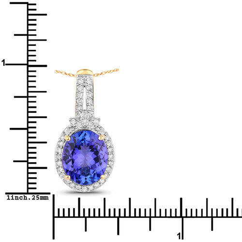 3.74 Carat Genuine Tanzanite and White Diamond Pendant in 14K Yellow Gold