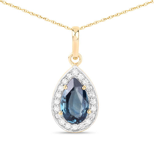 1.53 Carat Genuine Greenish Blue Sapphire and Diamond Pendant in 14K Gold