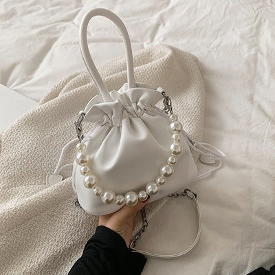 Elegant Pearl Chain Pleated Bucket Bag for Women