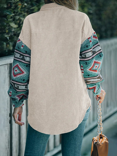 Perfee Pocketed Geometric Collared Neck Shacket - Korvel