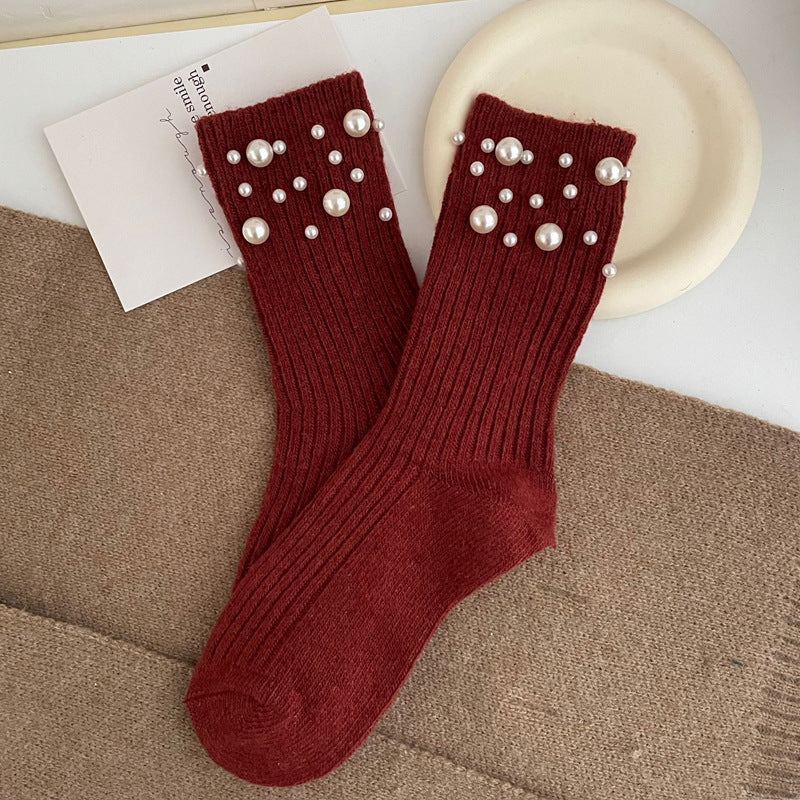 Personalized Korean style fashionable rivet bead pile socks autumn and winter thick warm rabbit wool mid tube socks for children - Korvel