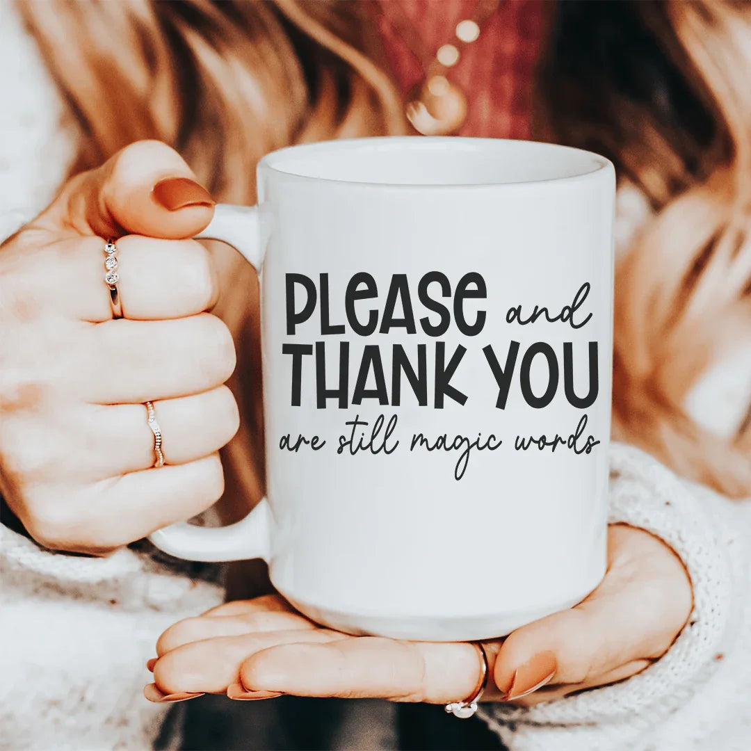 Taza de cerámica "Por favor y gracias" de 15 oz