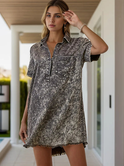 Pocketed Collared Neck Short Sleeve Denim Dress - Korvel