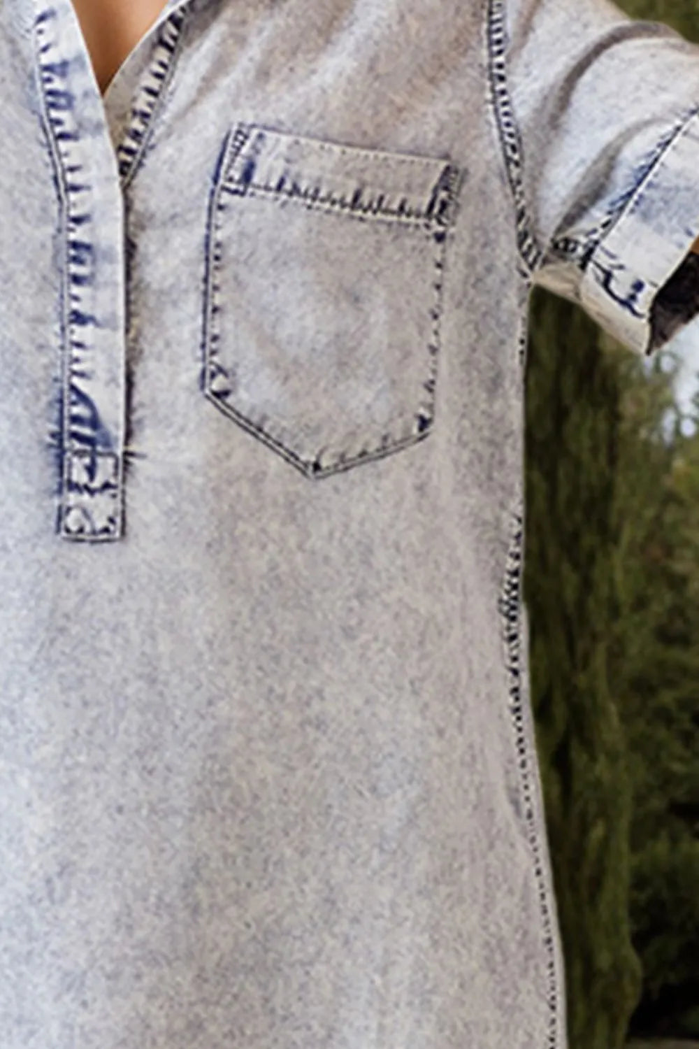 Pocketed Collared Neck Short Sleeve Denim Dress - Korvel