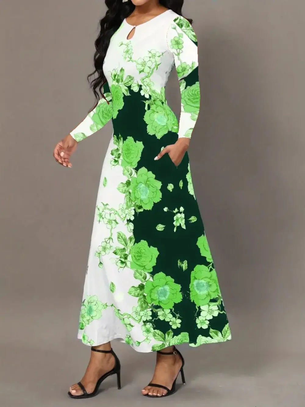 Robe élégante à manches longues florale avec poches