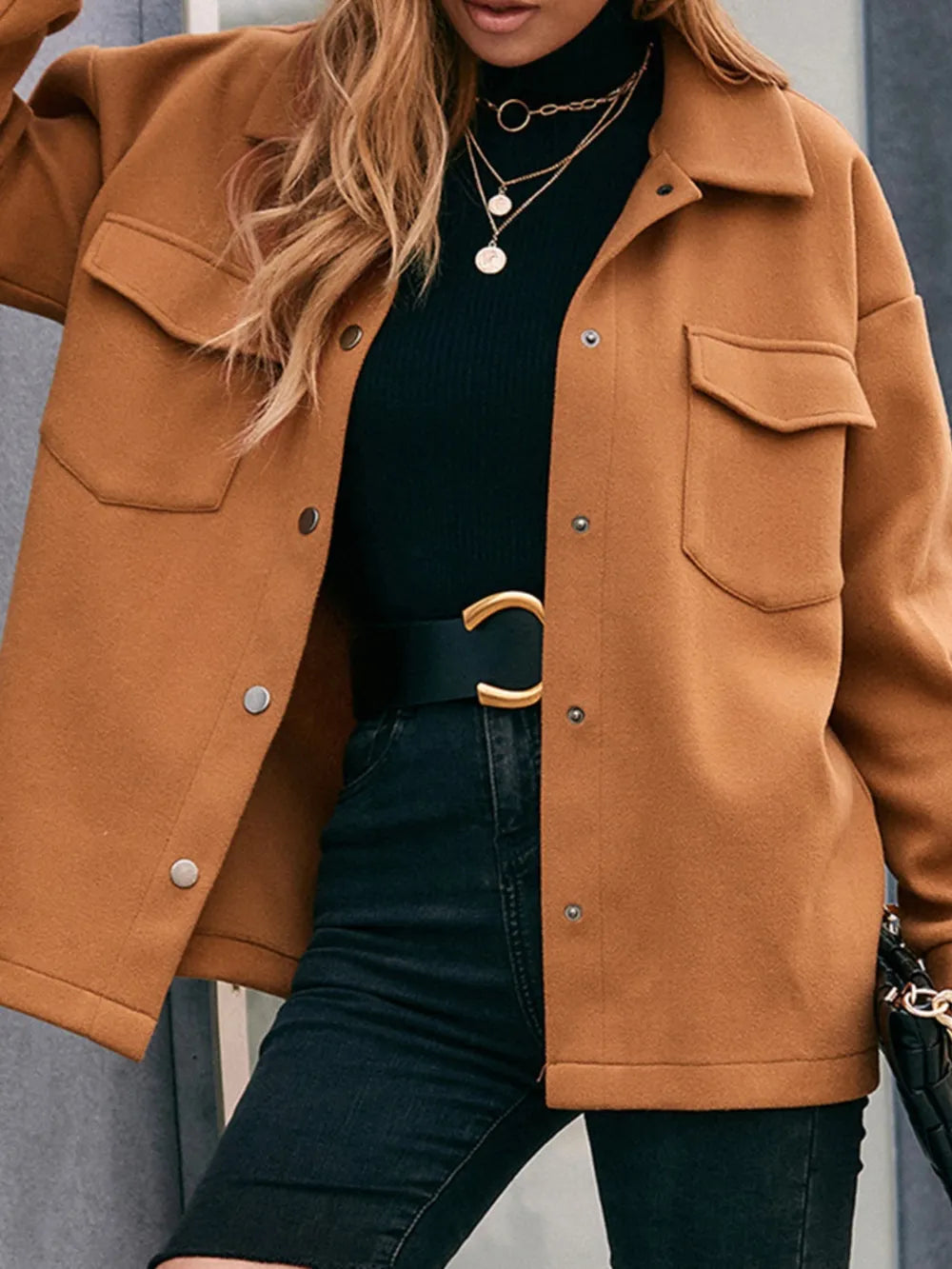 Pocketed Snap Down Dropped Shoulder Jacket - Korvel