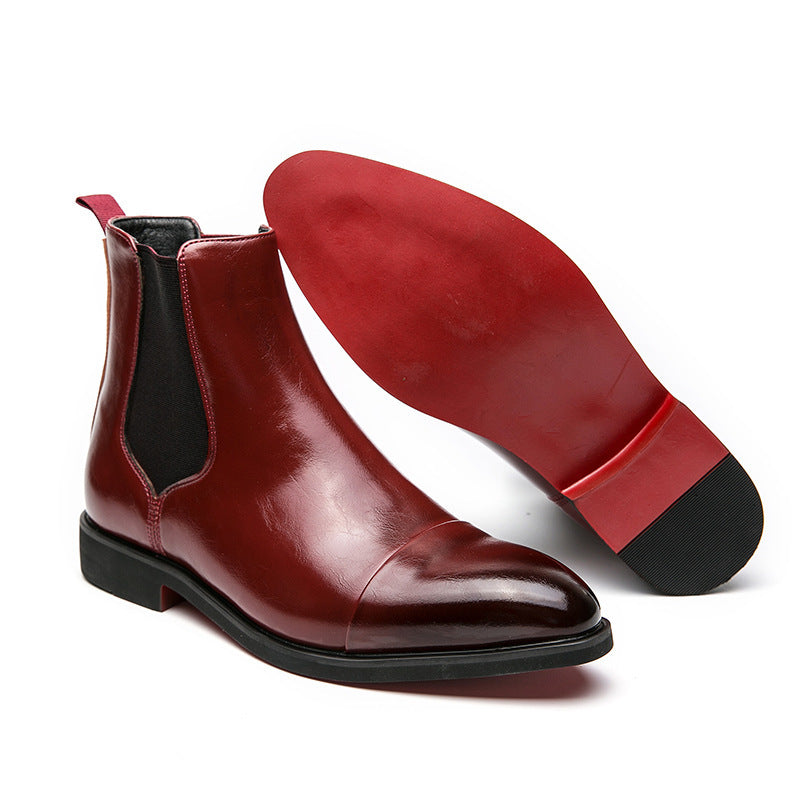 Pointed Toe Men's High Top Leather Boots with Red Soles