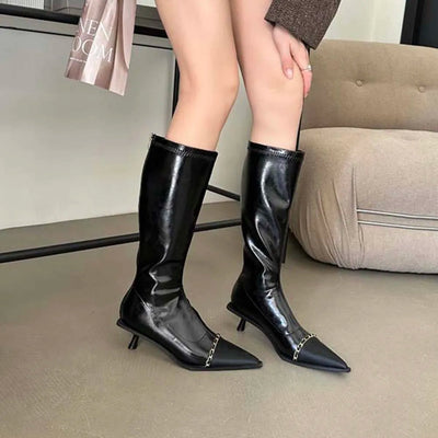 Pointed Toe Women Knee High Boots Black White Sock Booties Thin Mid Heels New Arrivals Ladies Party Pumps Dress Shoes Woman - Korvel