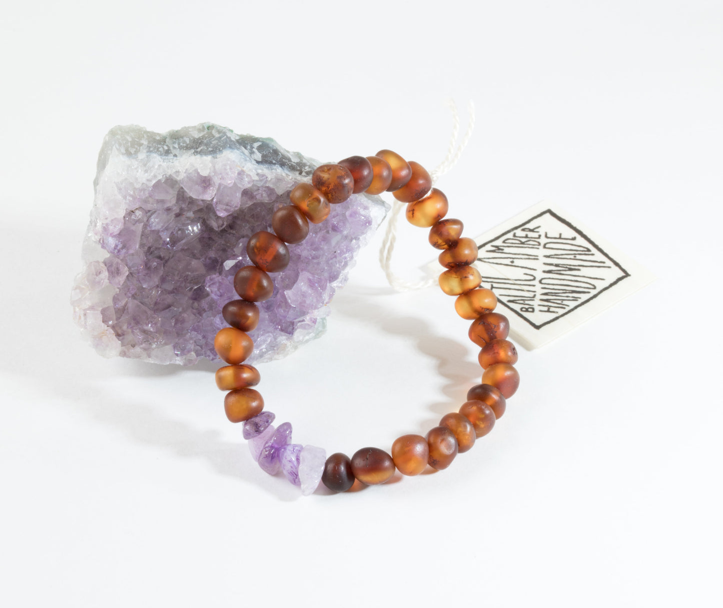 Pulsera de Adulto de Ámbar Báltico Cognac Crudo y Amatista