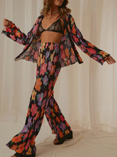 Ensemble de haut à manches longues à col imprimé floral et pantalon