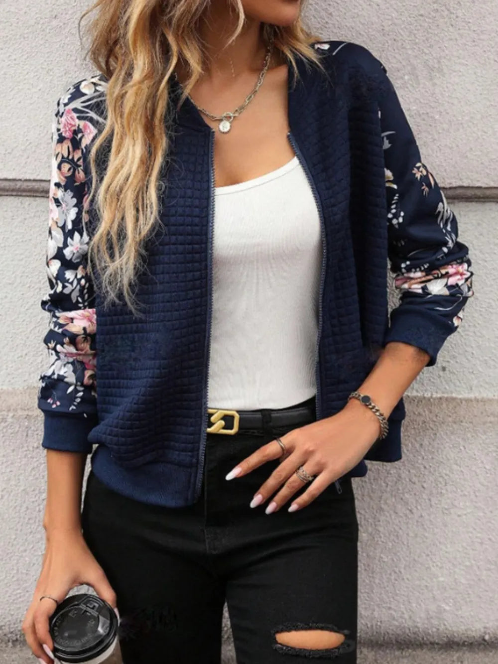 Printed Zip Up Long Sleeve Jacket - Korvel